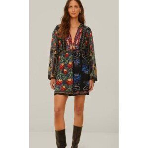 Farm Rio Arabesque Scarves Women's Mini Dress Long Sleeve Viscose Small Boho